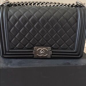 CHANEL Black Quilted Boy Shoulder Bag with Silver Hardware